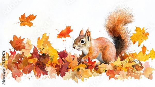 Fototapeta Whimsical watercolor illustration of squirrel among colorful autumn leaves, capturing essence of fall with vibrant hues and playful details