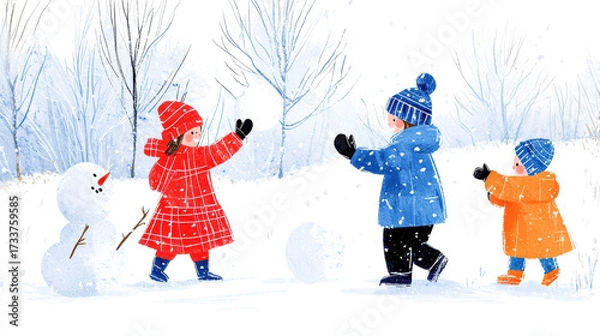 Fototapeta Children playing in snow, wearing colorful winter clothing, enjoying snowy day with snowman nearby, creating joyful winter scene