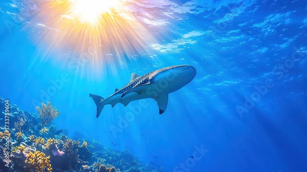 Fototapeta Majestic whale shark gliding gracefully through vibrant coral reefs under shimmering sunlight, creating serene underwater scene