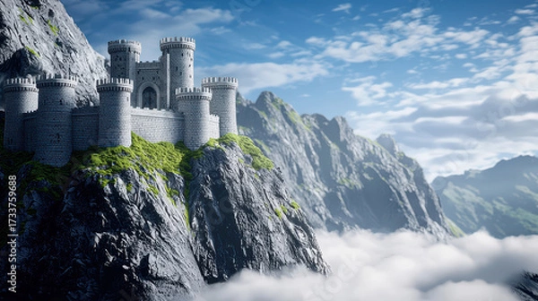 Fototapeta Majestic castle perched on rocky mountain, surrounded by clouds and breathtaking landscape. scene evokes sense of wonder and adventure
