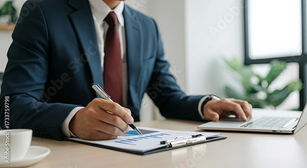 Fototapeta Business professional in a suit analyzing financial data on a clipboard while using a laptop, showcasing productivity and modern workspace dynamics with a cup of coffee nearby