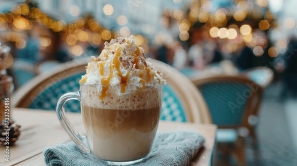 Fototapeta Warm caramel latte in a cozy setting at a festive winter market during Christmas time
