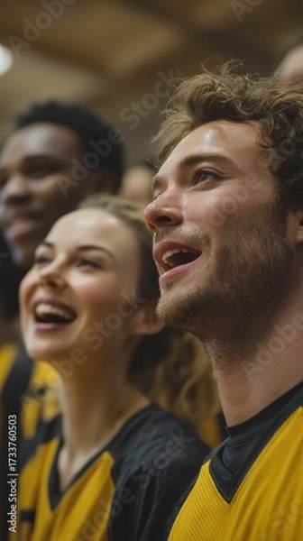 Fototapeta University sports team, vertical athletes in jerseys smiling and cheering after practice, proud youthful energy.