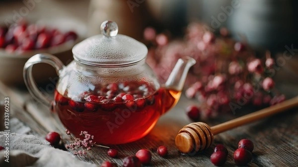 Fototapeta Delightful winter tea with berries and honey served in a cozy setting during the Christmas season