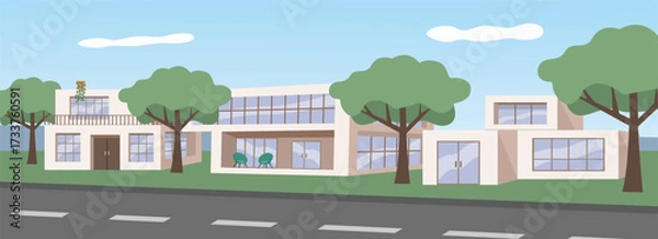 Obraz Urban modern house. City house. Green city. Real estate. Villa house. Residence. Housing area. Neighborhood.