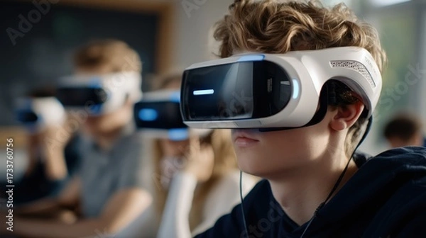 Fototapeta Vr learning classroom, students in VR headsets interacting with digital 3D learning tools, futuristic education.