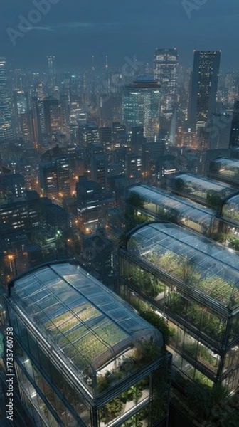 Fototapeta Urban farming innovation, rooftop greenhouses and automated farming robots in bustling cityscape.