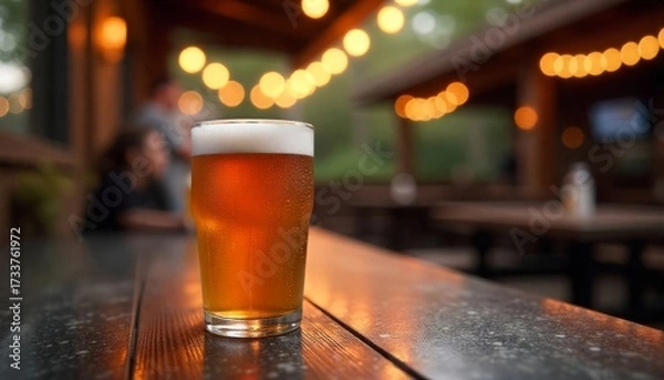 Fototapeta Photograph of a frothy beer in a pint glass on a wooden bar counter, with warm, string lights illuminating the background of a cozy, rustic bar.