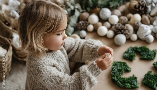 Fototapeta Young child engages in Christmas crafting with natural materials while creating festive decorations at home on a cozy winter day
