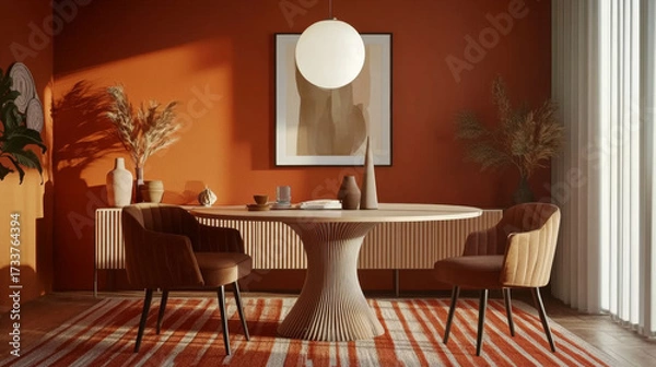 Fototapeta Dining room with terracotta walls, round table, upholstered chairs, bold rug, globe pendant light, and vases on sideboard.