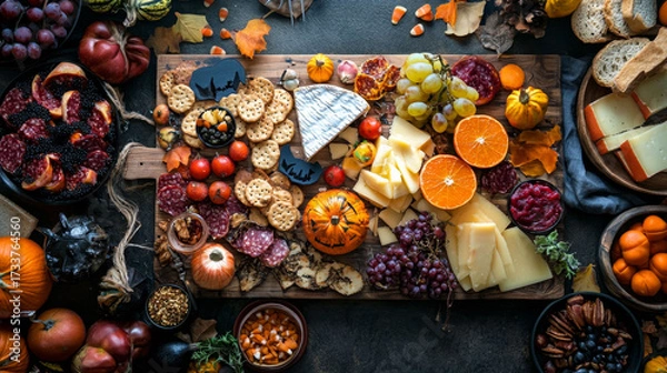 Fototapeta Flat lay of Halloween cookies shaped like bats and witches