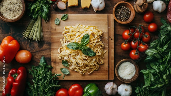 Fototapeta Flat lay of pasta primavera with fresh vegetables