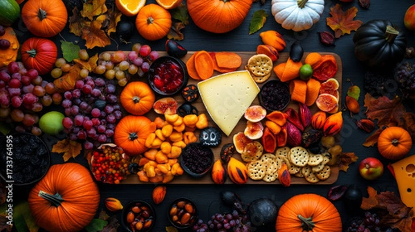Fototapeta Flat lay of Halloween cookies shaped like bats and witches