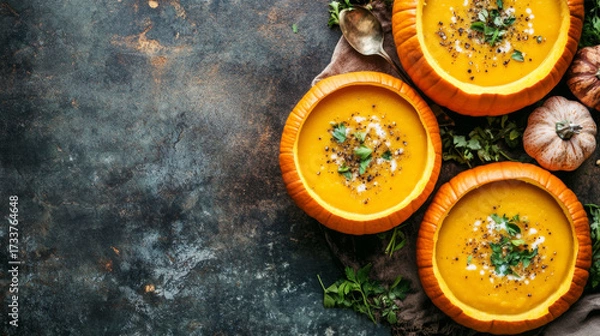 Fototapeta Flat lay of pumpkin soup served in carved pumpkin bowls
