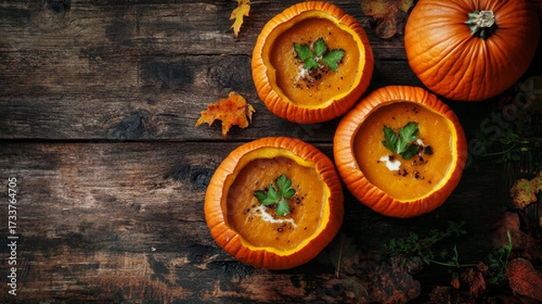 Fototapeta Flat lay of pumpkin soup served in carved pumpkin bowls