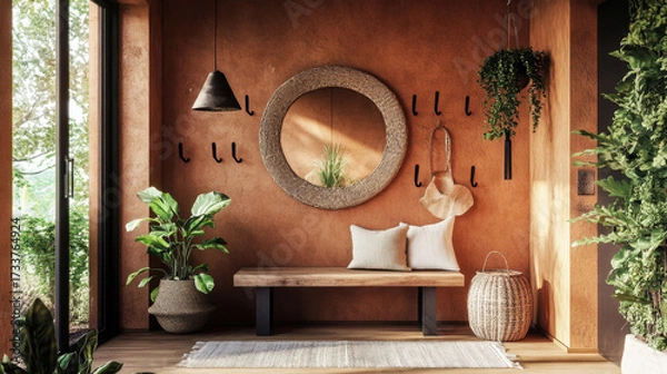 Fototapeta Hallway with brown wall, hooks, wooden bench, round mirror, console table, pendant light, runner rug, and greenery outside.