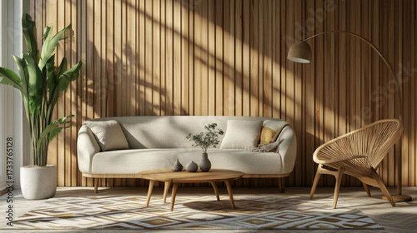 Fototapeta Light curved sofa, wooden coffee table, mid-century chair, arc lamp, wood panel wall, geometric rug, and vases shape the space.