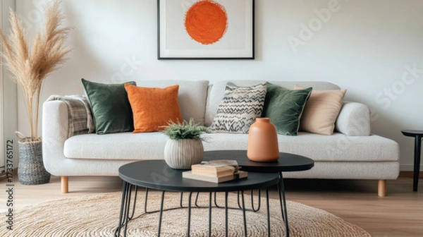 Fototapeta Light sofa decorated with green and burnt orange pillows. Black coffee table with vase in front, artwork of red sun hangs above, pampas grass adds texture, soft light warms room.