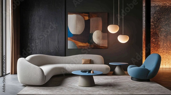 Fototapeta Living room with light curved sofa, gray chair, blue and simple round tables, dark wall with abstract art, and pendant lights.