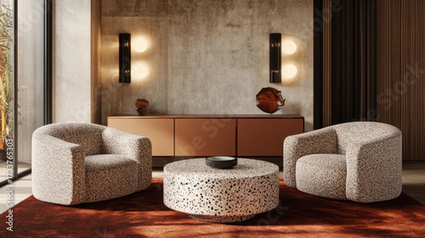Fototapeta Mid-century armchairs flank a speckled coffee table over a red-brown rug. Neutral wall with sconces and sideboard creates a warm modern scene.