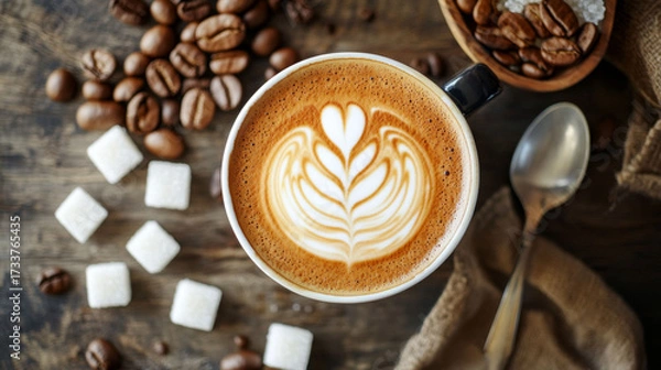 Fototapeta Overhead latte with latte art, spoon, and sugar cubes
