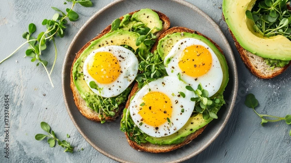 Fototapeta Overhead shot of avocado toast with eggs and microgreens
