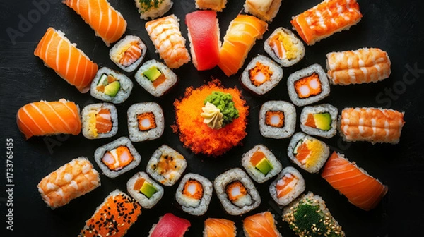 Fototapeta Overhead sushi rolls arranged in circular pattern
