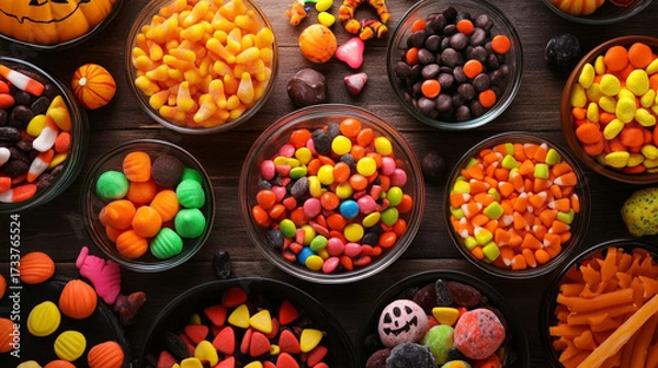Fototapeta Overhead table with assorted Halloween candy in bowls