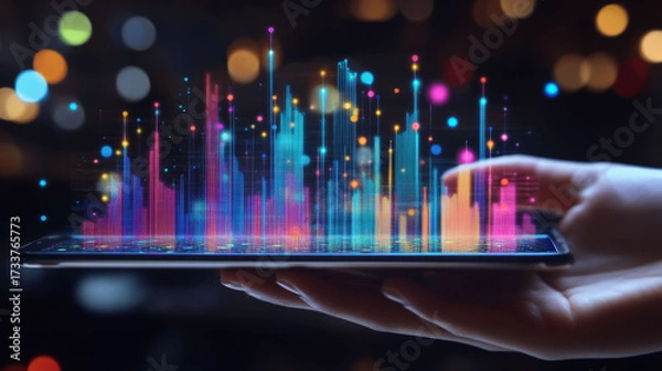 Fototapeta Tablet in hand showing floating holographic charts