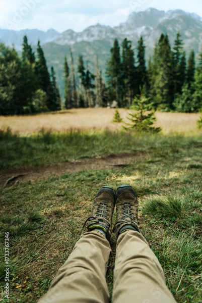 Fototapeta Trekking boots lying on grass with mountain view, retro tone