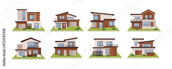 Obraz Set house illustration. 3D modern house. House concept. Minimalist Modern Home Architecture. Modern Residential Architecture Design