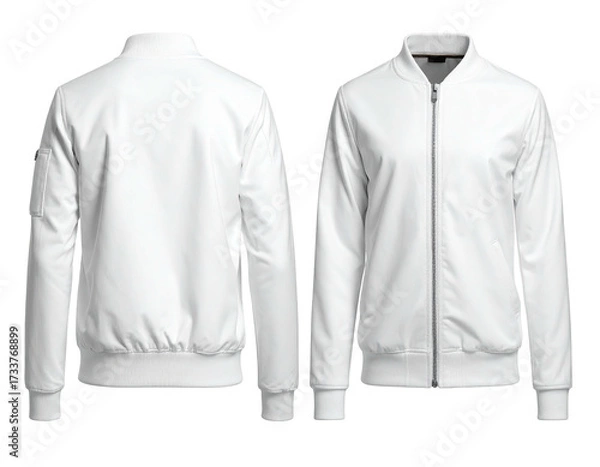 Fototapeta White bomber jacket, front and back views, on black background, minimalist