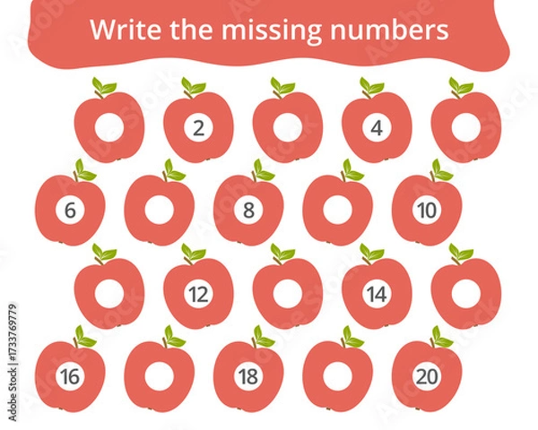 Fototapeta Missing number worksheet for kids with apples, count and write numbers from 1 to 20, great for preschool math learning and early number practice.
