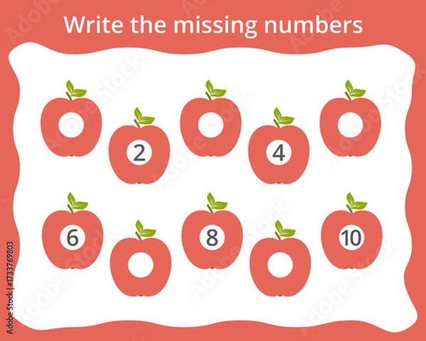 Fototapeta Write the missing numbers in apples. Children's educational game. Score 1-10.
