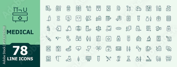 Fototapeta Medical and Pharmaceutical icon set. It contains symbols to  health, medicine, aid, healthcare, pill and more. Treatment icon set. Vector outline icons collection. Signs for web and mobile app.