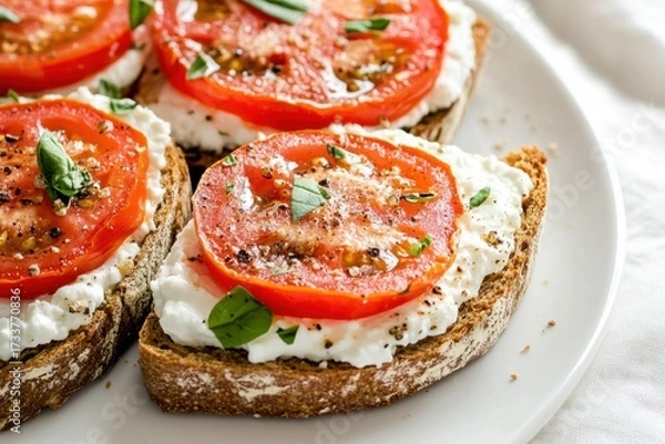 Fototapeta Fresh breakfast toast with cottage cheese, cherry tomatoes, and parsley. Light meal on white plate with natural light, perfect for healthy food concepts and clean eating visuals. Copy space. Banner