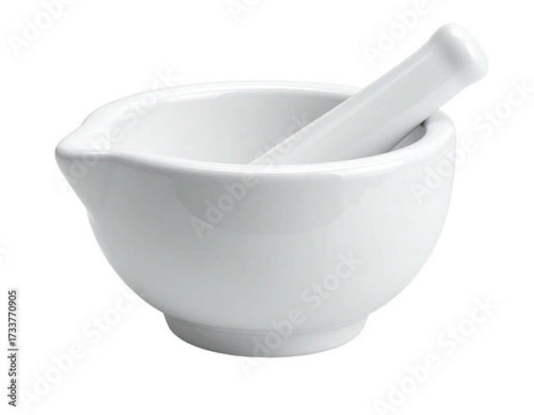 Obraz A white ceramic mortar and pestle, set against a solid black background