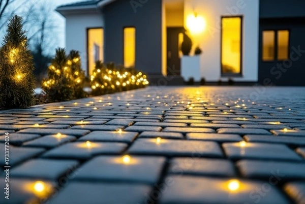 Fototapeta Festive LED lights illuminating a cobblestone driveway leading to a modern house with warm glowing windows. Cozy evening atmosphere with decorative bushes wrapped in Christmas string lights. Banner