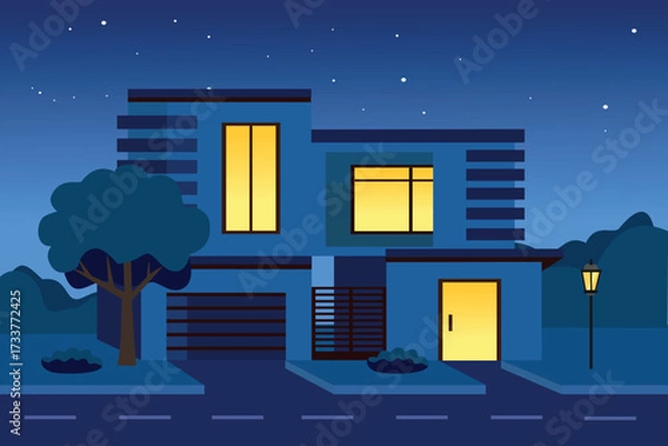 Obraz Modern Home at Night. Nighttime House Illustration. Residential neighborhood. City house. Urban House Night Scene. House lamps.