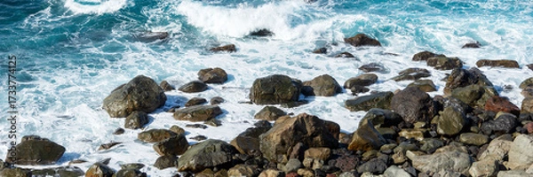 Fototapeta Panoramic image. Waves on the rocky coast