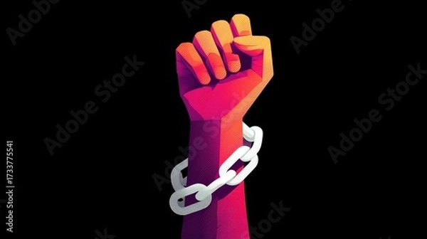 Fototapeta A symbolic representation of emotional and psychological abuse, where a large fist, chained and overpowering, looms over a lone man walking towards the horizon, symbolizing the silent suffering and is