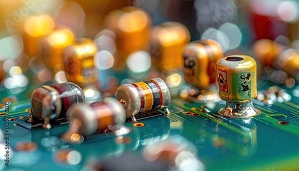Fototapeta Close-Up of Resistors and Capacitors on a Green Circuit Board Electronic Components with Blurry Background and Gold Accents Electronic Detail Shot