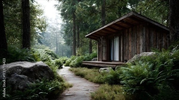 Obraz A rustic wooden cabin nestled in a lush green forest with a path leading to its entrance