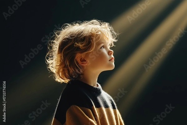 Fototapeta A young child with curly hair stands with hands clasped, bathed in soft light that illuminates the room, symbolizing innocence and vulnerability in the face of trauma.