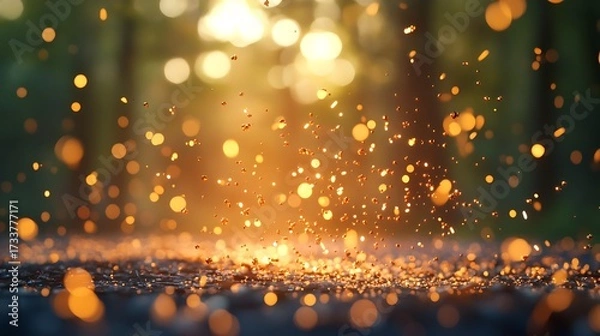 Fototapeta Golden glimmer: Abstract bokeh and particles dance in a sunlit forest clearing