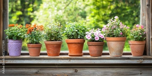Fototapeta A row of potted plants with different flowers and colors, arranged on a wooden window sill with a green outdoor background.
