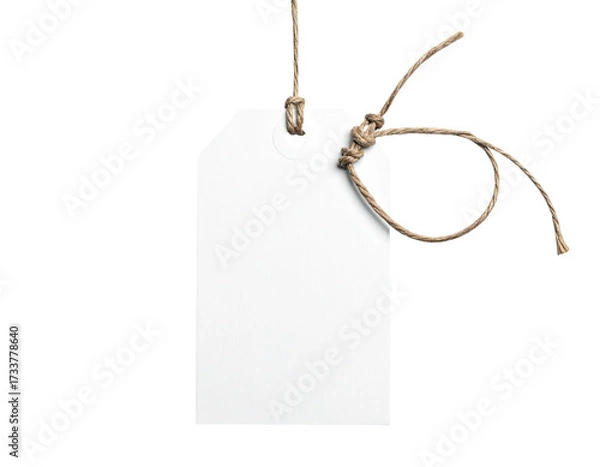 Obraz A blank, white rectangular tag with a natural string bow against a black backdrop