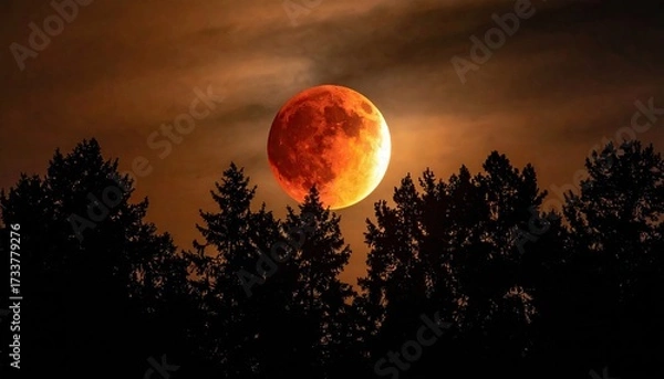 Fototapeta Eerie Blood Moon Over Silhouetted Trees at Night with Red Sky and Atmospheric Clouds