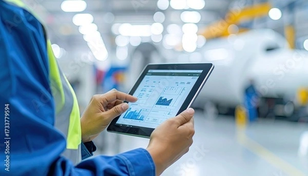Fototapeta Engineer Using Digital Tablet in Manufacturing Facility Blue Uniform Analyzing Data with Airplane in the Background and Bright Natural Lighting