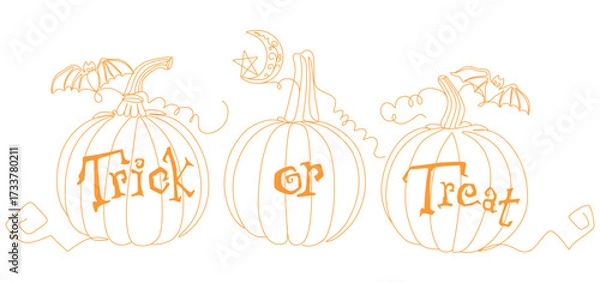Fototapeta Line art illustration of three Halloween pumpkins with the phrase "Trick or Treat" written across them. Decorative bats, a crescent moon with a star, and swirling pumpkin vines add a festive 